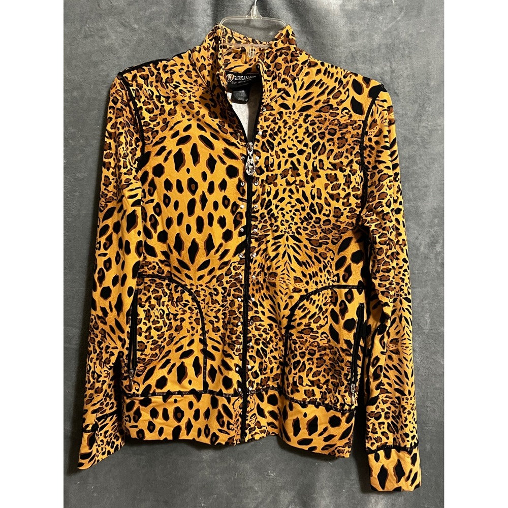 Christine Alexander Leopard Cheetah Rhinestone Zip Jacket Animal Print Small